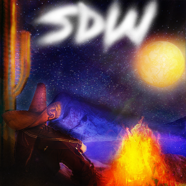 Portada oficial de SDW: una figura junto a una fogata bajo un cielo estrellado